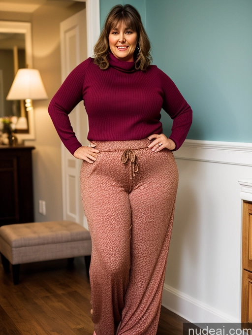 ai nude image of arafed woman in a red sweater and pink pants standing in a room pics of Milf Big Ass Fat Long Legs Tall Auntjunev3 50s Sexy Face Brunette Party Harem Pants Sweater Italian Bangs