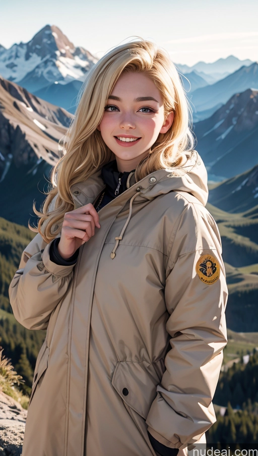 ai nude image of blonde woman in a tan jacket standing on a mountain top pics of 18 Happy Blonde Slicked Egyptian Mountains Parka