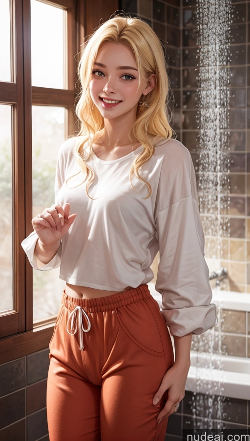 ai nude image of blonde woman in white shirt and orange pants standing in front of a shower pics of 18 Happy Blonde Slicked Egyptian Shower Harem Pants