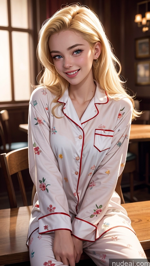 ai nude image of blonde woman in pajamas sitting on a table in a restaurant pics of 18 Happy Blonde Slicked Egyptian Pajamas Restaurant