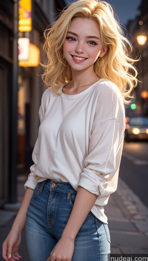 ai nude image of blonde woman with blue jeans and white shirt posing for a picture pics of 18 Happy Blonde Slicked Egyptian Street Dark Lighting Jeans