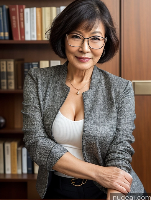 ai nude image of there is a woman with glasses sitting at a desk in front of a bookcase pics of Woman Perfect Boobs Perfect Body Beautiful Glasses 70s Short Hair Chinese Blouse Bra Jacket Suit Stylish Secretary Professor Cleavage Detailed