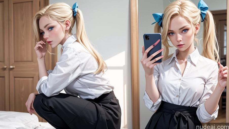 ai nude image of blond woman in a white shirt and black skirt taking a selfie pics of Thong Tie Micro Skirt Shirt Bows Squatting Mirror Selfie Scandinavian Pigtails Blonde 18 Fairer Skin Short Skinny Small Ass Small Tits