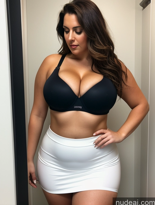 ai nude image of araffe woman in a black bra top and white skirt pics of Woman Busty Big Ass Chubby Big Hips Fairer Skin 30s Brunette Messy White Film Photo Changing Room Mini Skirt Sports Bra Cleavage Dark Lighting Detailed