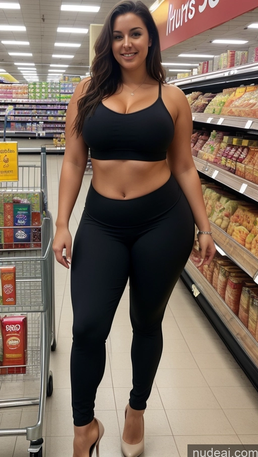 ai nude image of araffe woman in a black top and black pants in a store pics of Woman Thick Chubby Big Hips Brunette White Grocery Yoga Pants Partially Nude Topless Big Ass Abs Tall High Heels Fat 18