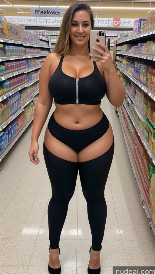 ai nude image of araffe woman in a black bra top and black pants taking a selfie pics of Chubby Big Hips Grocery Yoga Pants Partially Nude Topless Big Ass Abs Tall High Heels Fat 18 Long Legs Thick