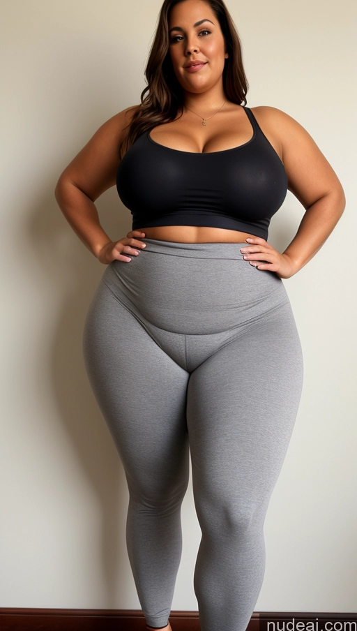 ai nude image of a pregnant woman in a black top and grey pants posing for a picture pics of Chubby Big Hips Yoga Pants Partially Nude Topless Big Ass Abs Tall High Heels Fat Long Legs Thick 50s