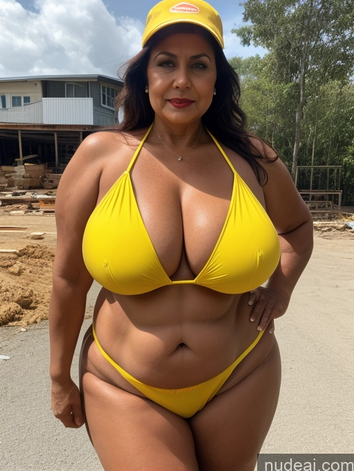 ai nude image of arafed woman in a yellow bikini and a yellow hat pics of Milf One Busty Huge Boobs Thick Tanned Skin Indian Front View Microkini Thong Construction Worker 70s Vampire