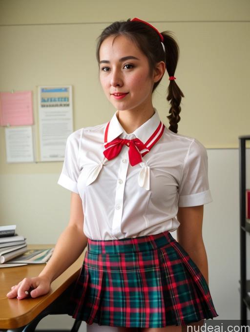 ai nude image of there is a woman in a school uniform posing for a picture pics of Bright Lighting Detailed Teacher Vintage Short Small Tits Skinny Small Ass 18 Pigtails Bows Kilt Mini Skirt Shirt Tie Cumshot