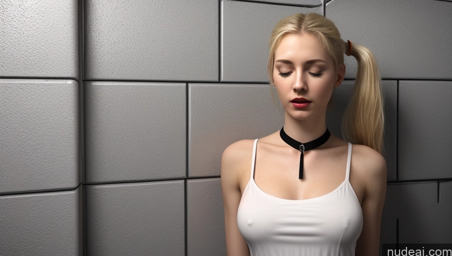 ai nude image of blond woman with long hair in white tank top and black choke pics of Small Tits Beautiful Skinny 18 Front View German One Woman Blonde Prison Choker Fairer Skin Lipstick Long Legs Shocked Dark Lighting Sleeping Ponytail 3d Nightgown