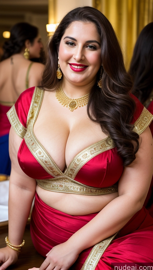 ai nude image of araffe woman in a red sari posing for a picture pics of Milf Busty Beautiful Lipstick Thick Chubby Fat Big Hips Fairer Skin 20s Happy Seductive Brunette Long Hair Russian Party Front View Straddling Sari Blouse Dirndl Victorian Cleavage Gold Jewelry