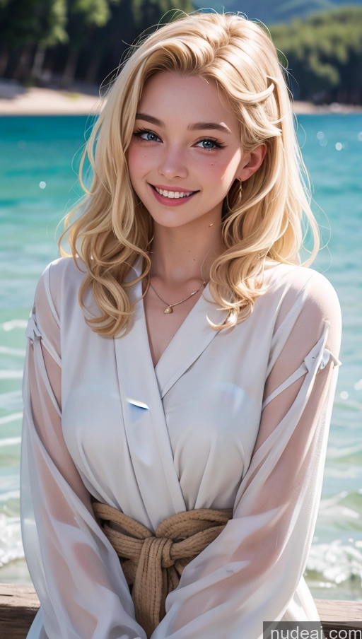 ai nude image of blonde woman with blue eyes and a white shirt on a pier pics of 18 Happy Blonde Slicked Lake Jewish Professor