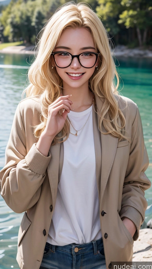 ai nude image of blonde woman in glasses standing by the water with a smile pics of 18 Happy Blonde Slicked Professor Egyptian Lake Glasses Jacket