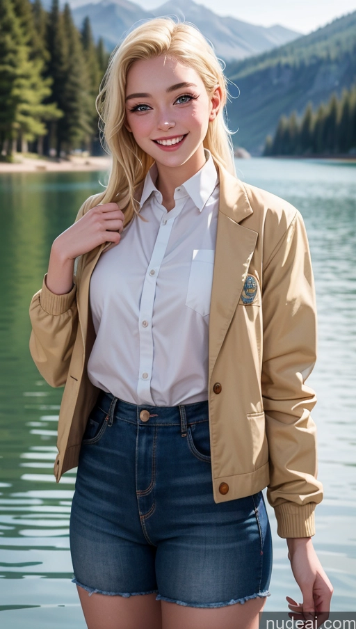 ai nude image of blonde woman in short shorts and jacket standing near a lake pics of 18 Happy Blonde Slicked Professor Egyptian Lake Jacket