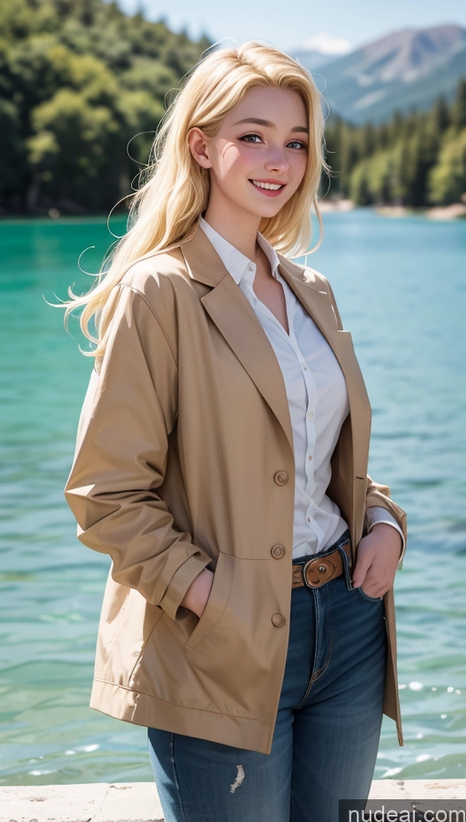 ai nude image of blonde woman in a tan jacket standing by the water pics of 18 Happy Blonde Slicked Professor Egyptian Lake Jacket