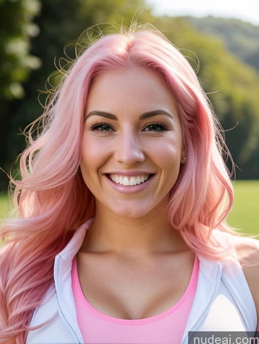 ai nude image of smiling woman with pink hair and a pink top in a park pics of Perfect Boobs 20s Happy Pink Hair Long Hair White Sports