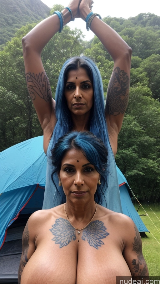 ai nude image of arafed woman with blue hair and tattoos standing next to a man with blue hair pics of Milf Busty Huge Boobs Beautiful Tattoos Muscular Abs Thick Big Hips Tall Dark Skin 60s Serious Hair Bun Indian Dark Fantasy T-pose Sari Detailed Sexy Face Tent Blue Hair Front View