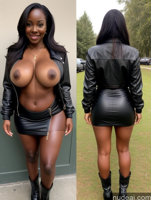 ai nude image of a close up of a woman in a leather outfit posing for a picture pics of Perfect Boobs Busty Beautiful Perfect Body Dark Skin 40s Long Hair Nilotic Boots Jacket Leather Topless Teacher Mini Skirt