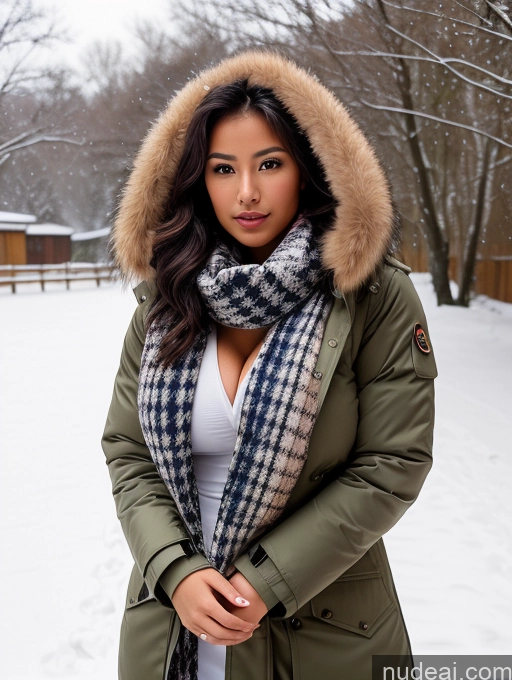 ai nude image of arafed woman in a parka and scarf standing in the snow pics of Busty Perfect Boobs Beautiful Tanned Skin Perfect Body 18 Seductive Brunette Long Hair Japanese Snow Parka Scarf Cleavage