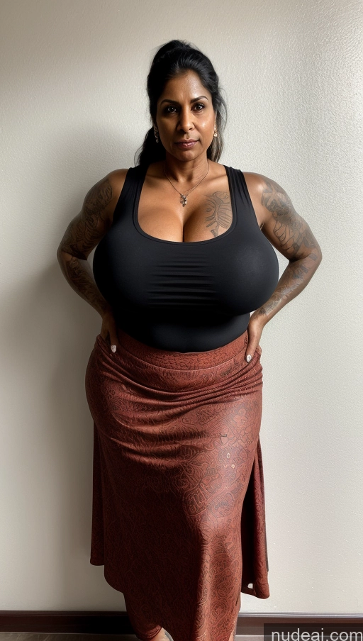 ai nude image of there is a woman standing in a room with a skirt on pics of Milf Busty Huge Boobs Beautiful Tattoos Muscular Thick Big Hips Tall Dark Skin 50s Serious Ponytail Indian T-pose Detailed Sexy Face Hell Blouse Front View One Abs Long Skirt