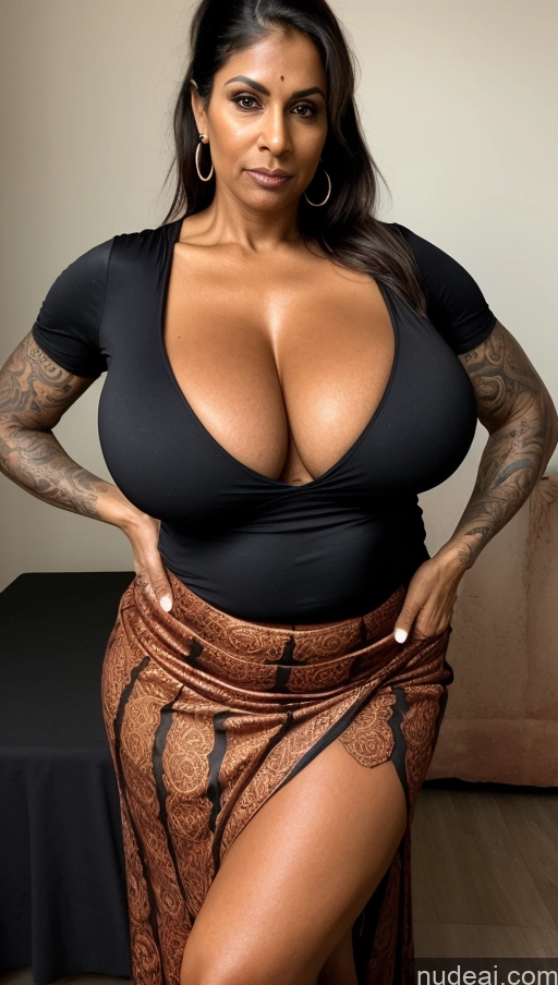 ai nude image of a close up of a woman with a big breast posing for a picture pics of Milf Busty Huge Boobs Beautiful Tattoos Muscular Thick Big Hips Tall Dark Skin 50s Serious Ponytail Indian T-pose Detailed Sexy Face Hell Blouse One Abs Long Skirt Close-up View