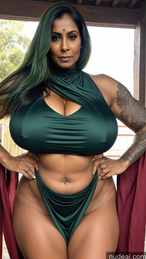 ai nude image of a woman with green hair and a green bikini posing for a picture pics of Milf Busty Huge Boobs Beautiful Tattoos Muscular Thick Big Hips Tall Dark Skin 50s Serious Indian T-pose Detailed Sexy Face Hell One Abs Close-up View Sari Green Hair Straight