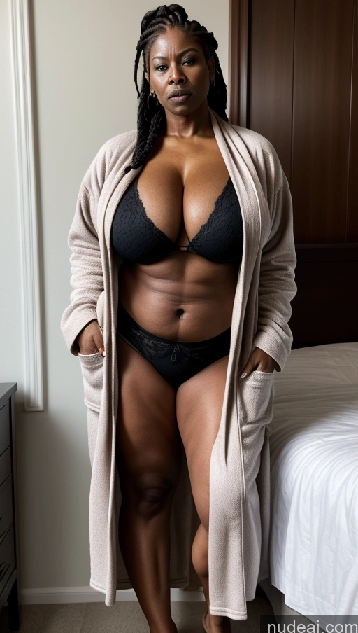 ai nude image of there is a woman in a black bra top and a tan cardigan pics of Milf Busty Huge Boobs Beautiful Tattoos Muscular Thick Big Hips Tall Dark Skin 60s Ginger Black T-pose Bathrobe Detailed Sexy Face Goth Bedroom Front View Braided Angry Abs