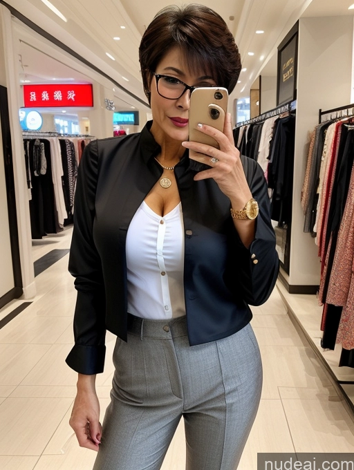 ai nude image of woman taking a selfie in a clothing store with a cell phone pics of Milf Perfect Boobs Beautiful Glasses Perfect Body 60s Seductive Pixie Chinese Mall Blouse Casual Jacket Professor Secretary Shirt Stylish Suit Cleavage Detailed Sexy Face