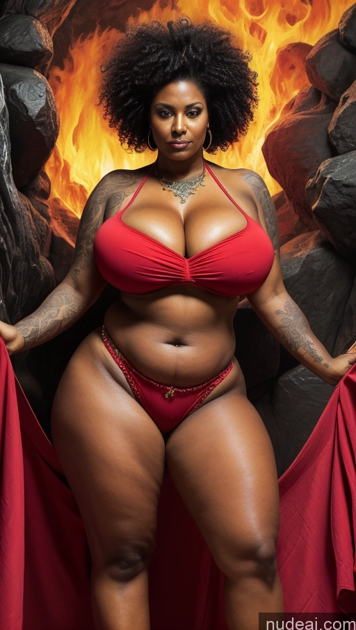 ai nude image of arafed woman in a red bikini posing in front of a fire pics of Huge Boobs Beautiful Thick Big Hips Tall Curly Hair Dark Skin Serious Indian Detailed Milf T-pose Hell 60s Bikini Illustration Close-up View Big Ass Long Skirt Tattoos