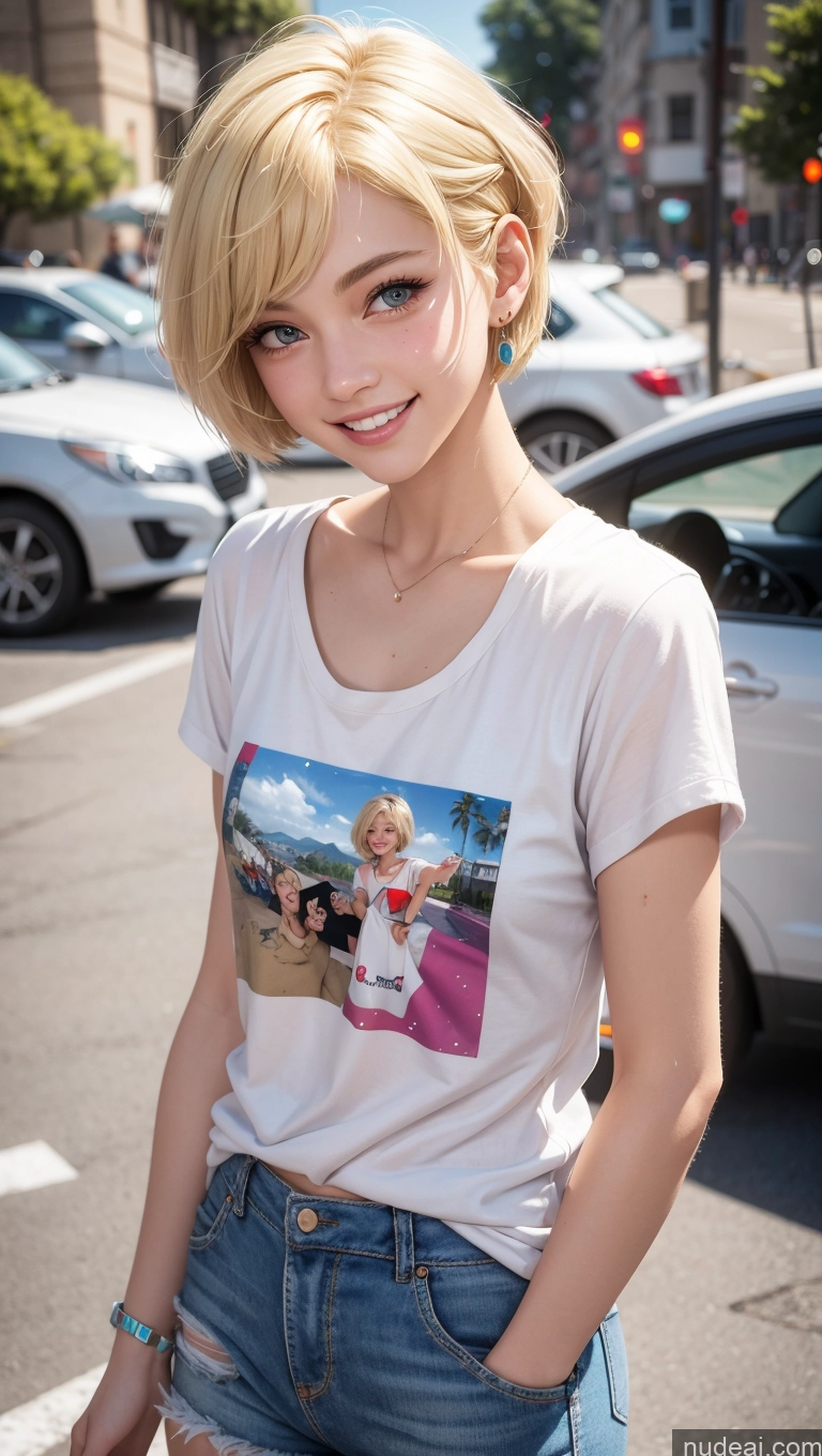 ai nude image of blond woman with short hair and a white shirt standing in a parking lot pics of 18 Happy Blonde Egyptian Casual Short Hair