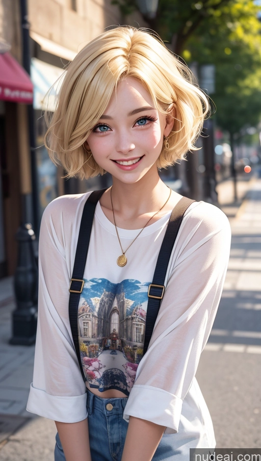 ai nude image of blonde haired girl with blue eyes and a white shirt posing for a picture pics of 18 Happy Blonde Egyptian Casual Bobcut