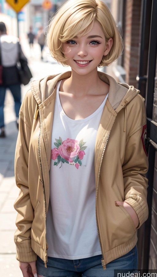 ai nude image of blonde haired woman in a white shirt and jacket standing on a sidewalk pics of 18 Egyptian Happy Blonde Street Jacket Short Hair