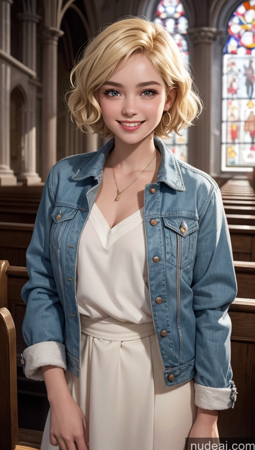 ai nude image of arafed woman in a white dress and denim jacket standing in a church pics of 18 Egyptian Happy Blonde Jacket Pixie Church