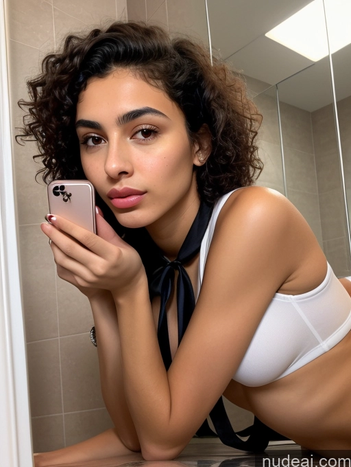 ai nude image of there is a woman in a white bra top taking a picture of herself pics of Skinny Small Tits Tanned Skin Pubic Hair Short Small Ass 18 Pouting Lips Black Hair Curly Hair Jewish Mirror Selfie Bathroom Front View On Back Tie Woman