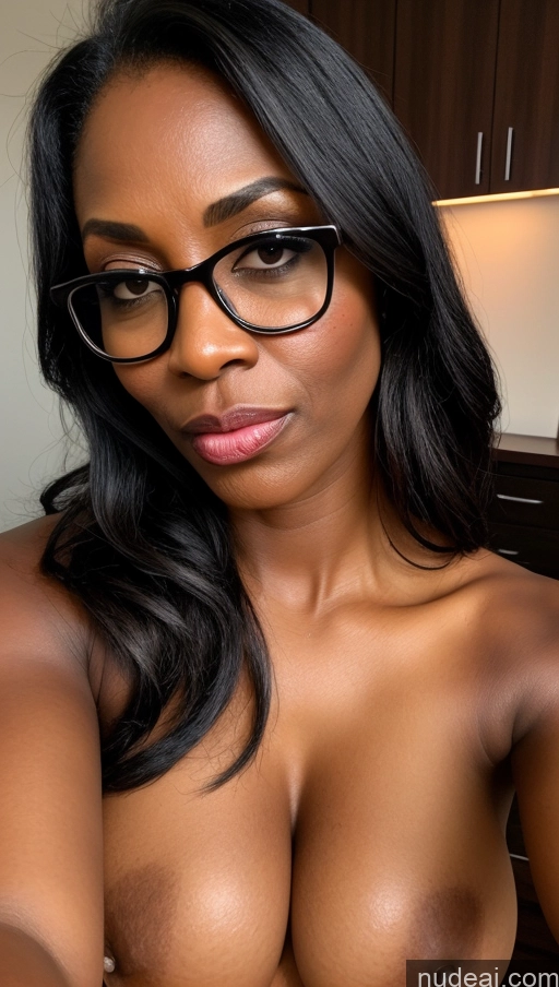 ai nude image of there is a woman with glasses posing for a picture pics of Milf Busty Perfect Boobs Beautiful Glasses Perfect Body Tanned Skin Dark Skin Oiled Body 40s Serious Seductive Ahegao Slicked Black Office Blowjob Devil Secretary Dark Lighting