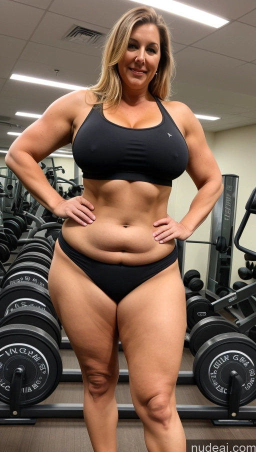 ai nude image of arafed woman in a black bikini posing in a gym pics of Busty Beautiful Big Ass Abs Thick Chubby Fat Big Hips Long Legs Tall Perfect Body Dutch Gym High Heels Micro Skirt Partially Nude Muscular 50s Milf