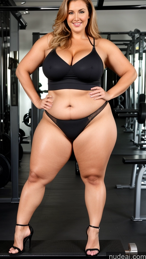 ai nude image of araffe woman in a black bikini posing in a gym pics of Busty Beautiful Big Ass Abs Thick Chubby Fat Big Hips Long Legs Tall Perfect Body Dutch Gym High Heels Micro Skirt Partially Nude Milf 30s