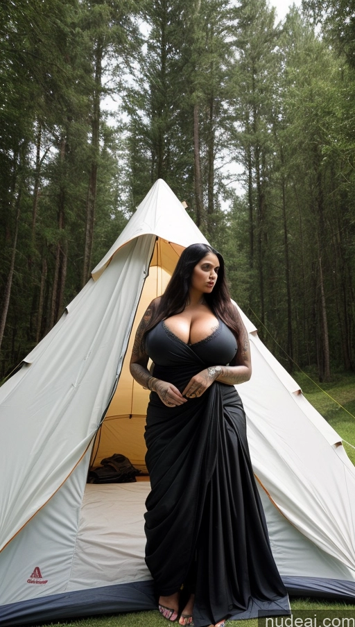 ai nude image of pregnant woman in black dress standing in front of a tent pics of Milf One Huge Boobs Busty Beautiful Big Ass Thick Big Hips Tall Dark Skin Sexy Face Ginger Long Hair Indian Film Photo T-pose Goth Sari Serious Tattoos 60s Tent Simple Front View