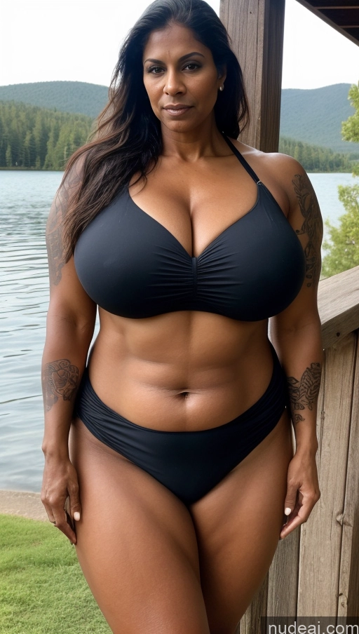 ai nude image of arafed woman in a black bikini posing for a picture pics of Milf Busty Huge Boobs Beautiful Tattoos Muscular Big Ass Abs Thick Big Hips Tall Dark Skin 50s Serious Indian Close-up View T-pose Bikini Long Skirt Detailed Ponytail Lake