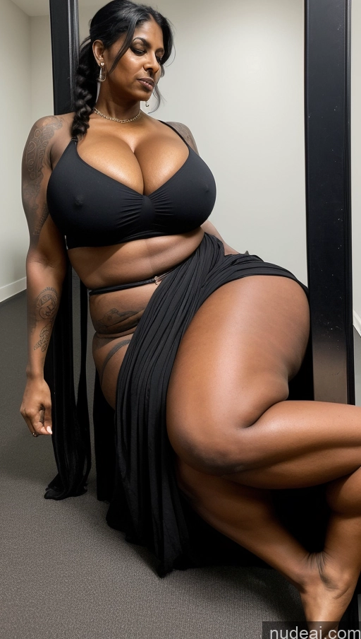 ai nude image of araffe woman in a black dress posing in a mirror pics of Milf Huge Boobs Beautiful Big Ass Thick Big Hips Tall Dark Skin 50s Serious Indian T-pose Detailed Ponytail Tattoos Front View Goth Sari Blouse Muscular Busty Hell