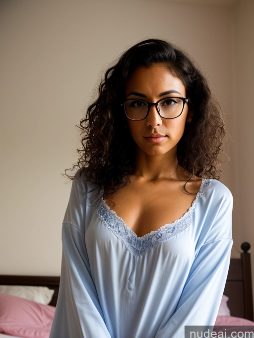 ai nude image of there is a woman wearing glasses and a blue shirt sitting on a bed pics of Model One Tanned Skin Short Skinny Small Ass Glasses Small Tits 18 Serious Black Hair Curly Hair Latina Bedroom Front View Blowjob Nightgown