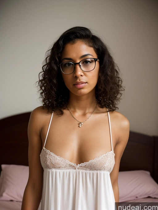 ai nude image of there is a woman in a white dress and glasses posing for a picture pics of Model One Tanned Skin Short Skinny Small Tits Small Ass Glasses 18 Serious Black Hair Curly Hair Latina Bedroom Front View Blowjob Nightgown Jewelry