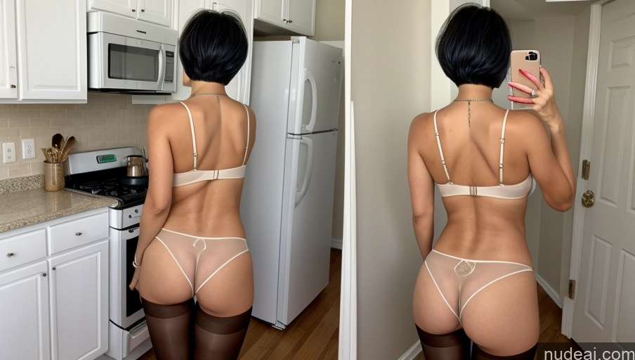 ai nude image of there is a woman in a thongie taking a selfie in the kitchen pics of Milf One Beautiful Perfect Boobs Big Hips Perfect Body Fairer Skin 60s Sexy Face Black Hair Short Hair Persian Kitchen Front View Nude 60s Pantyhose Transparent Pearl Jewelry Detailed Partially Nude Mirror Selfie