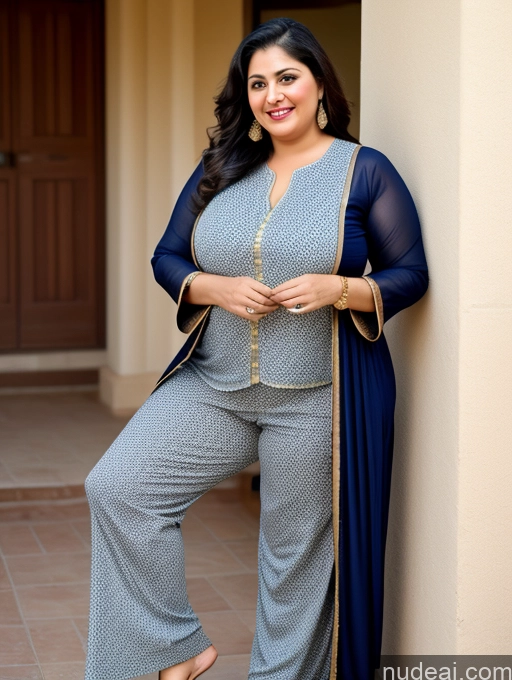 ai nude image of araffe woman in a blue and white outfit leaning against a wall pics of Milf One Fat Chubby Perfect Boobs Busty Beautiful 50s Happy Black Hair Slicked Turkish 70s Salwar