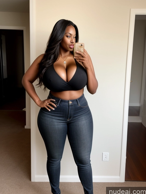 ai nude image of araffe woman in a black bra top taking a selfie pics of Woman One Huge Boobs Perfect Boobs Big Ass Thick Big Hips Long Legs Perfect Body 30s Sexy Face Black Hair Long Hair African High Heels Jeans Polo Cleavage Chubby