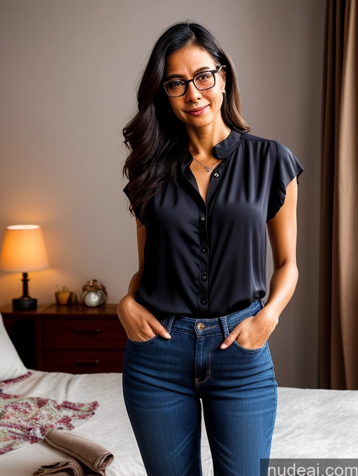 ai nude image of arafed woman in black shirt and jeans standing in front of a bed pics of Small Tits Indonesian Pubic Hair Skinny 40s Glasses Woman Bedroom Dark Lighting Soft + Warm Blouse Jeans Front View