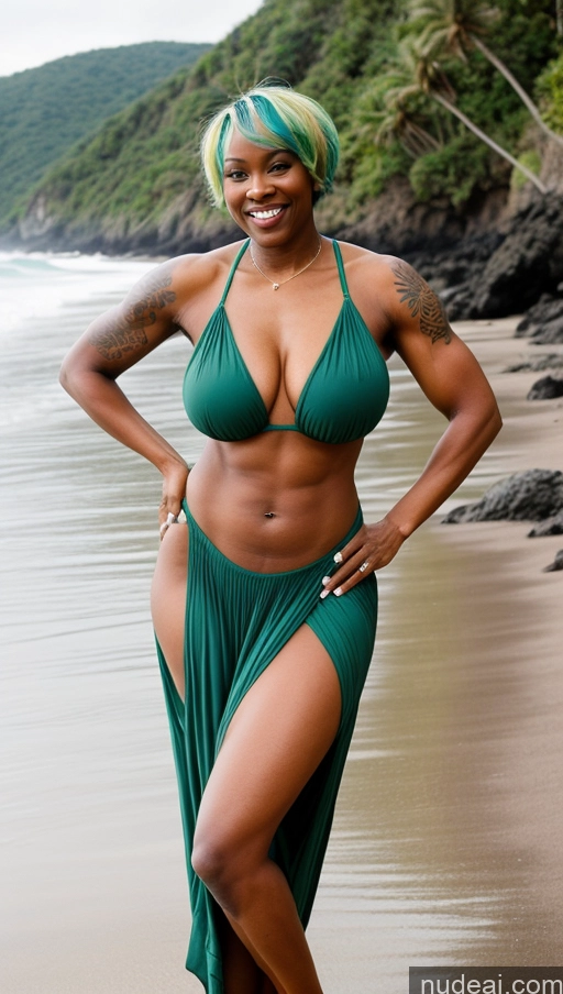 ai nude image of there is a woman in a green bikini posing on the beach pics of Milf Busty Perfect Boobs Beautiful Tattoos Muscular Big Ass Big Hips Tall Perfect Body Dark Skin 60s Laughing Green Hair Pixie Beach T-pose Detailed Sexy Face Thick Close-up View Black Film Photo Long Skirt