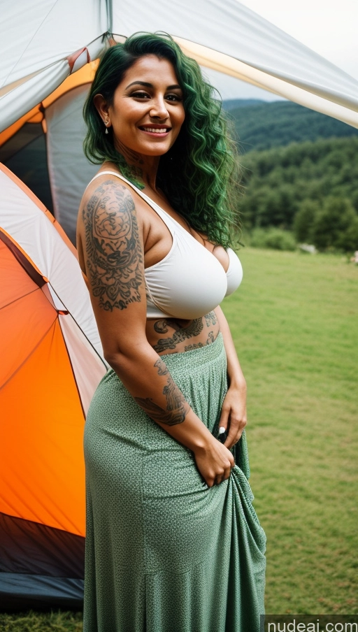 ai nude image of there is a woman standing in front of a tent with a tattoo on her arm pics of Milf Busty Perfect Boobs Beautiful Tattoos Big Ass Big Hips Tall Dark Skin 60s Laughing Green Hair T-pose Detailed Sexy Face Thick Close-up View Film Photo Long Skirt Tent Indian Curly Hair