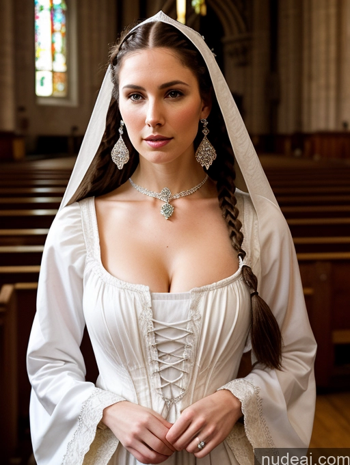 ai nude image of arafed woman in a white dress and veil in a church pics of Woman One Perfect Boobs Pubic Hair Perfect Body Tall Fairer Skin 30s Serious Brunette Braided White Dark Fantasy Church Front View Medieval Victorian Traditional Cleavage Diamond Jewelry Bright Lighting