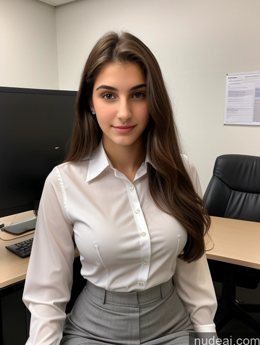 ai nude image of arafed woman in a white shirt and grey skirt sitting in front of a computer pics of Sorority Beautiful Perfect Boobs Perfect Body 18 Jewish Office Blouse Secretary